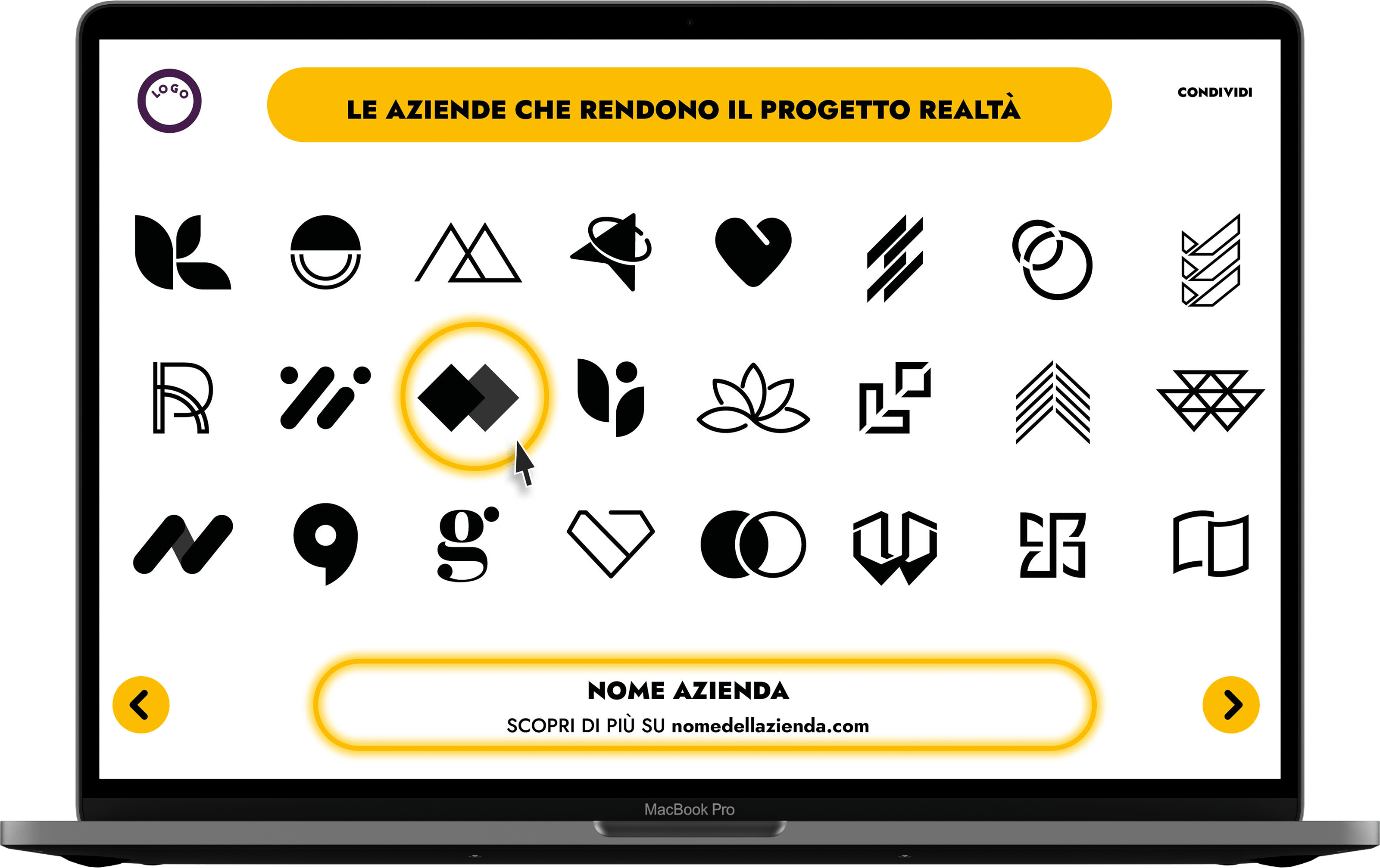 Un donorwall dedicato alle imprese, con i loghi al posto delle foto